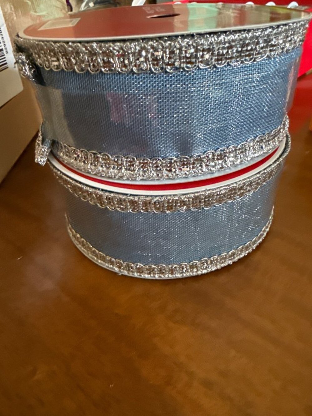 Set of 2 Blue & Silver Wired Ribbon 2.5" X 25 Ft 100% Polyester Decorative Craft